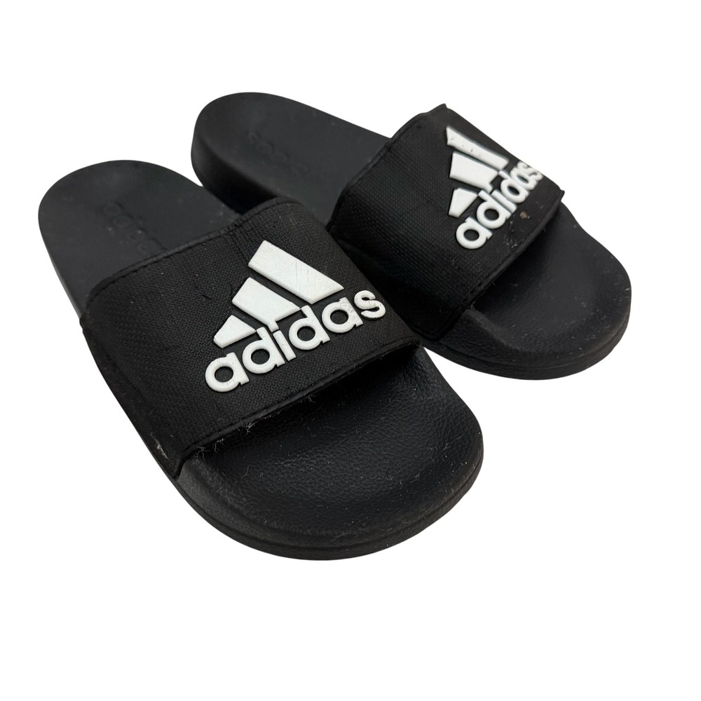 Adidas Slide Sandals Shoes Kids Size 3 Black Logo Slip On Pool Comfort